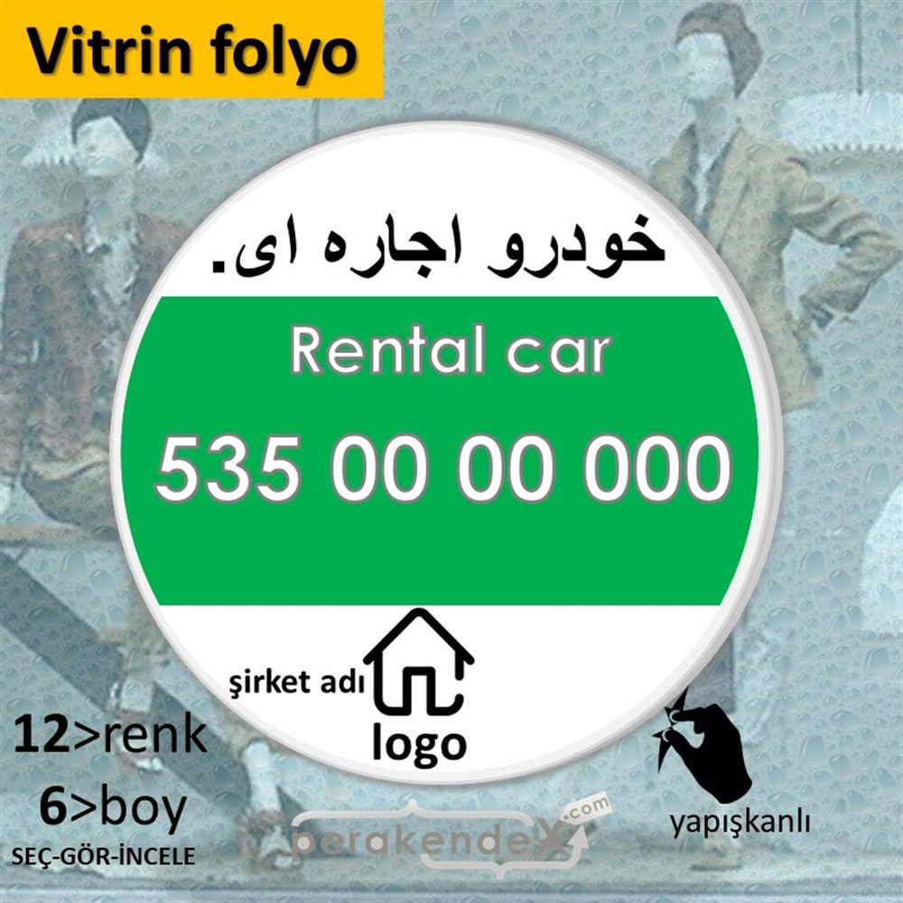 İranca Farsça Kiralık Araba Yazısı 004 VİTRİN - CAM FOLYO,  VİNİL -oval,tek yön baskıvitrin - cam folyo,  vinil