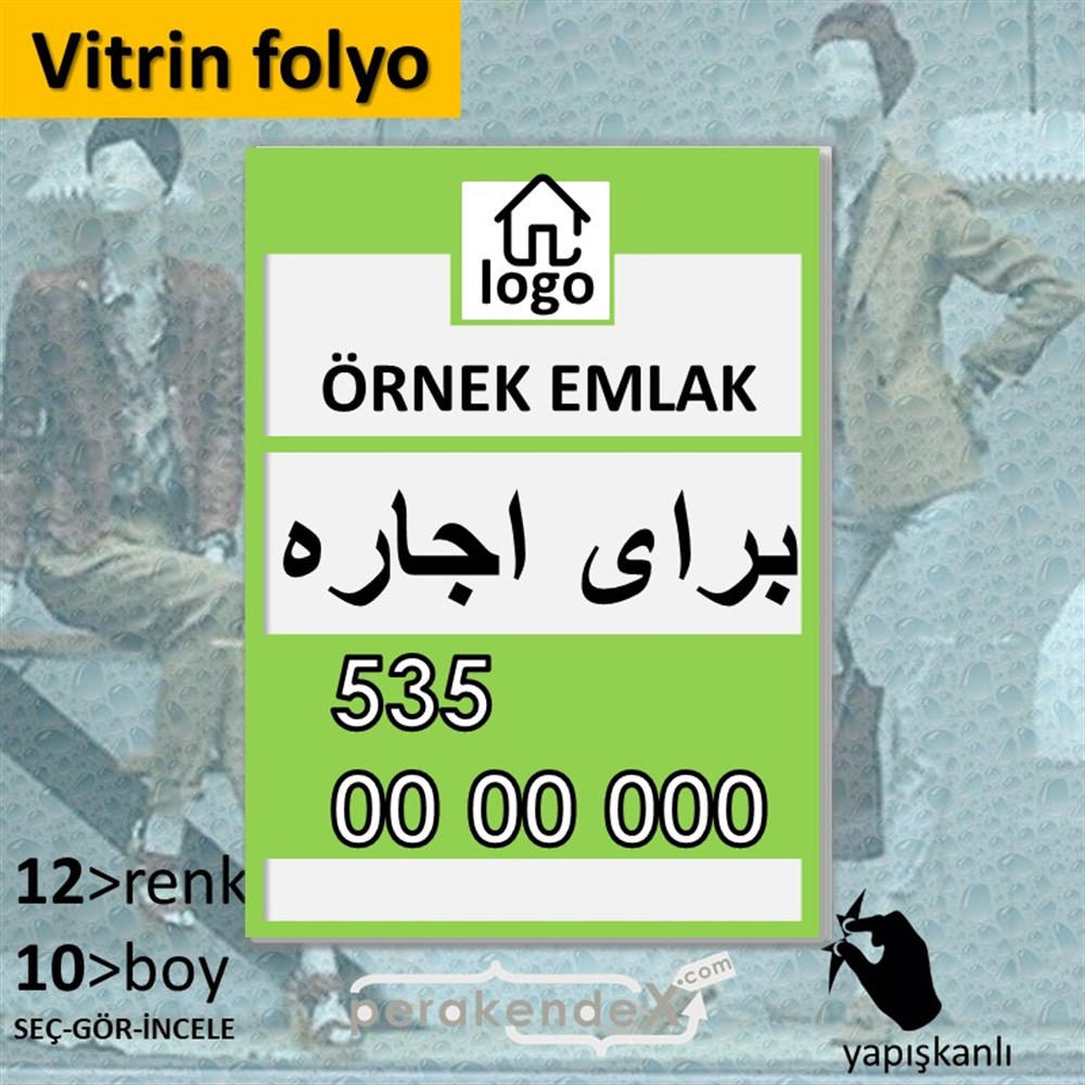 İran'Ca -Farsça Kiralık Yazısı 001 VİTRİN - CAM FOLYO,  VİNİL -dikdörtgen,tek yön baskıvitrin - cam folyo,  vinil
