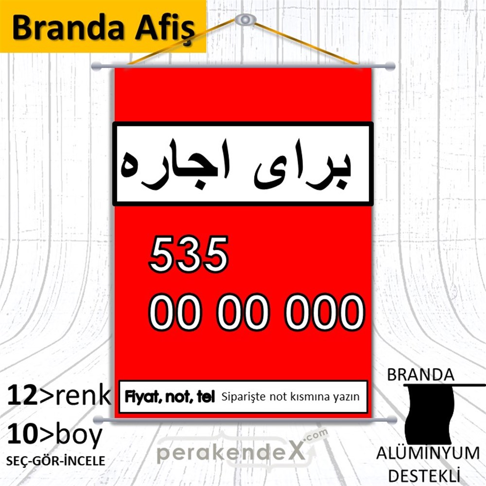 İranca Farsça Kiralık Yazısı BRANDA POSTER,  AFİŞ -dikdörtgen,tek yön baskıbranda poster,  afiş