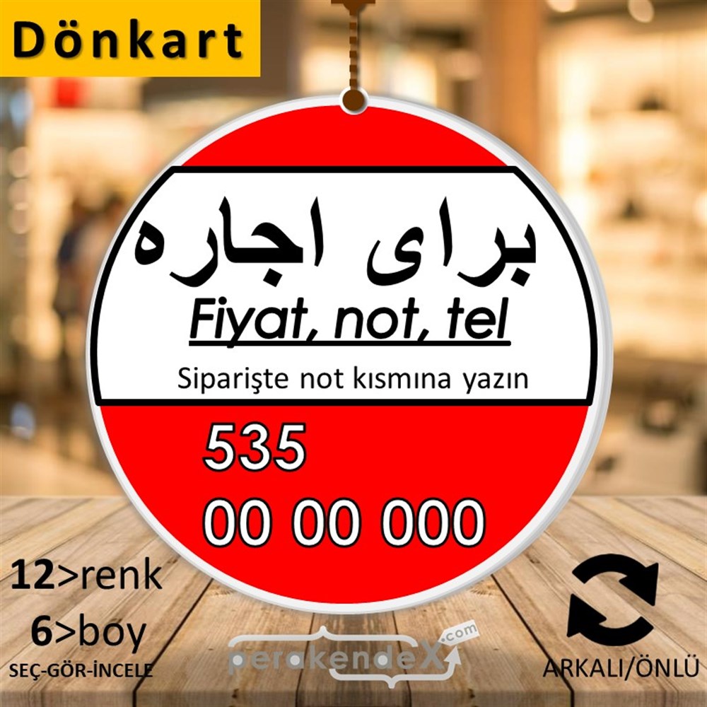 İranca Farsça Kiralık Yazısı DÖNKART -oval,çift yön baskıdön-kart