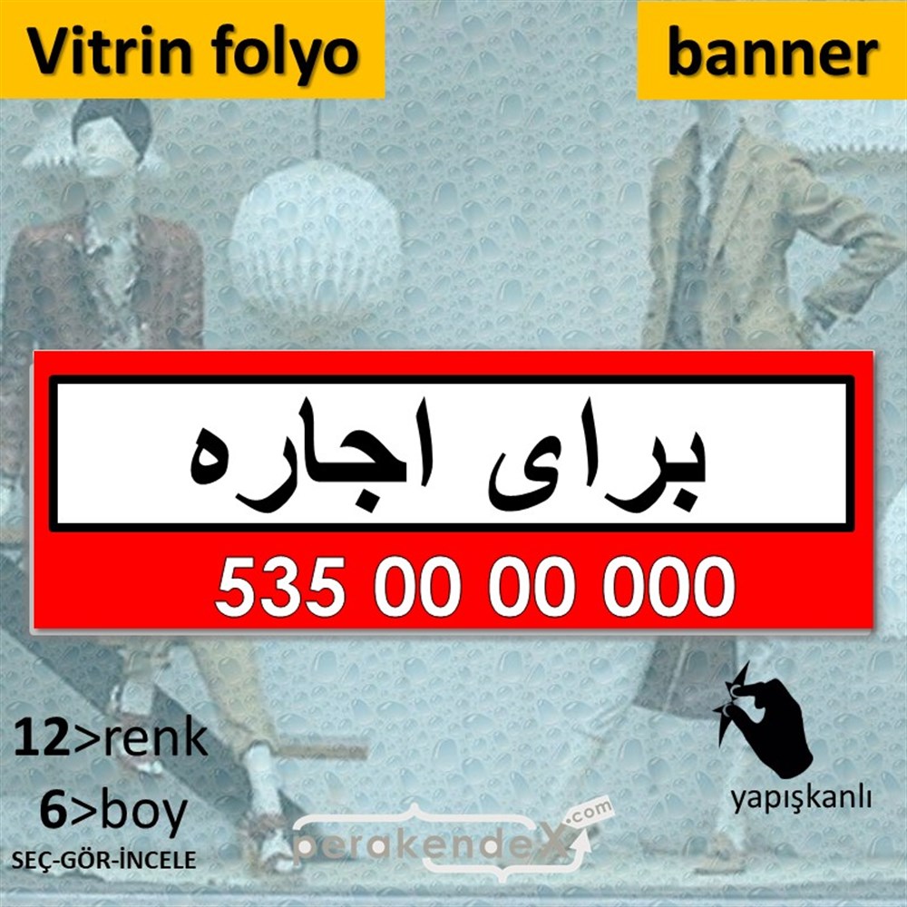 İranca Farsça Kiralık Yazısı VİTRİN, CAM FOLYO,  VİNİL (BANNER) -dikdörtgen,tek yön baskıvitrin - cam folyo,  vinil