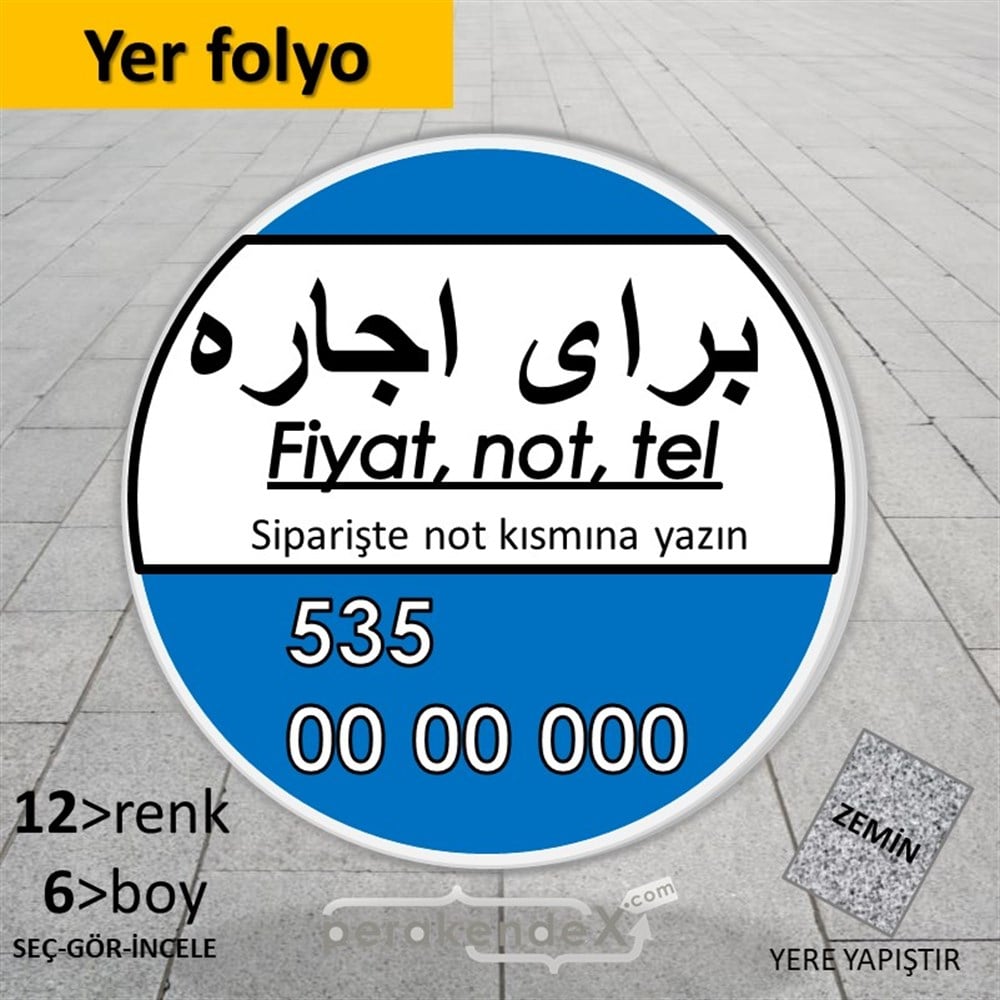 İranca Farsça Kiralık Yazısı YER - ZEMİN FOLYO,  VİNİL -oval,tek yön baskıyer - zemin folyo,  vinil