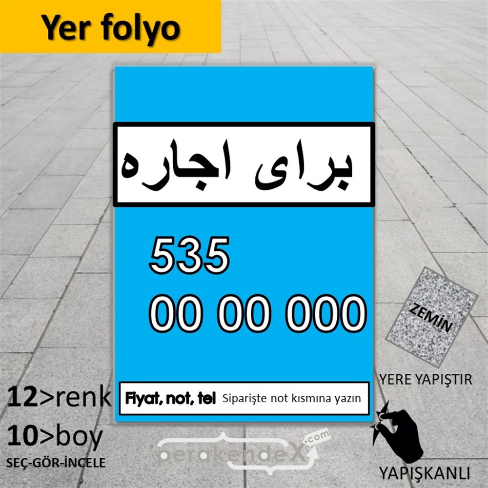 İranca Farsça Kiralık Yazısı YER - ZEMİN FOLYO,  VİNİL -dikdörtgen,tek yön baskıyer - zemin folyo,  vinil