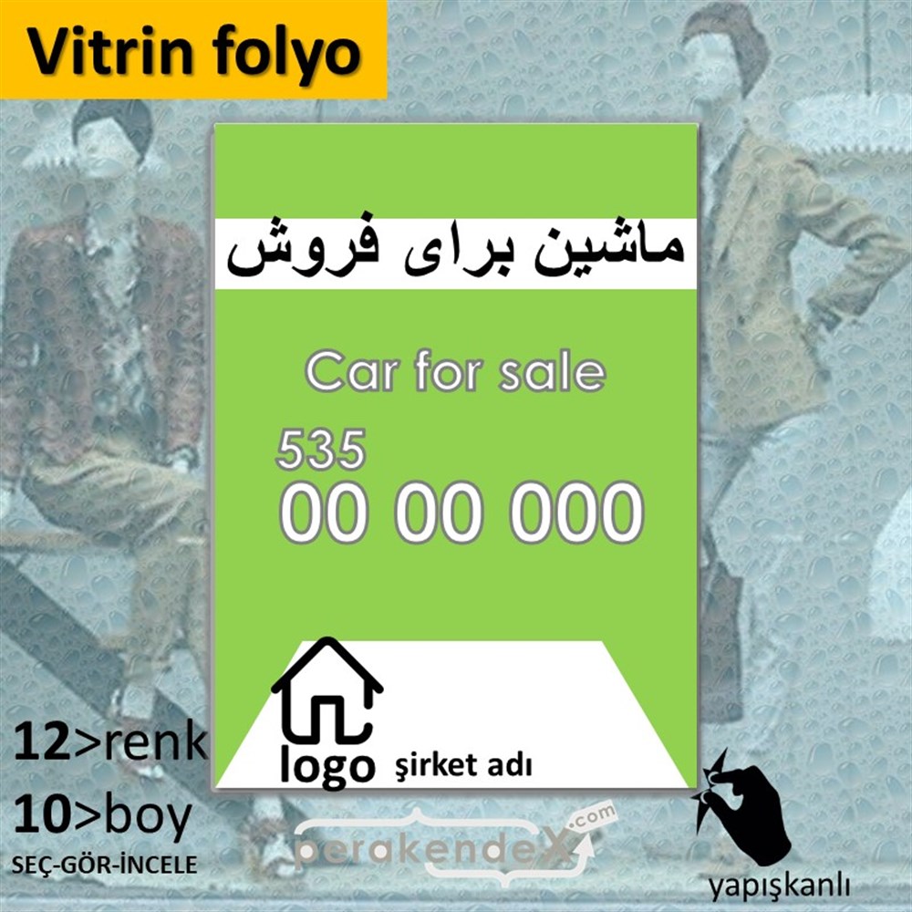 İranca Farsça Satılık Araba Yazısı 004 VİTRİN - CAM FOLYO,  VİNİL -dikdörtgen,tek yön baskıvitrin - cam folyo,  vinil