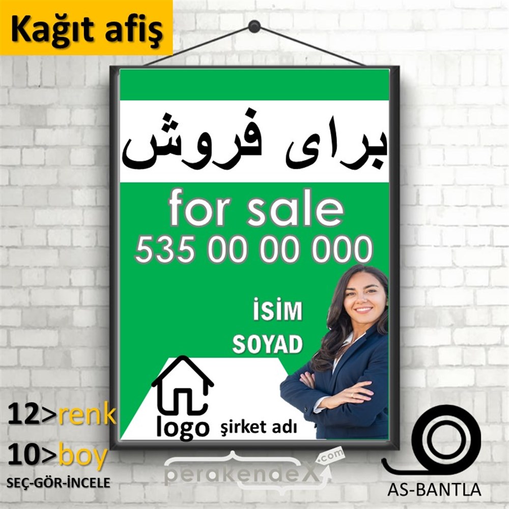 İranca Farsça Satılık Yazısı 102 KAĞIT POSTER,  AFİŞ -dikdörtgen,tek yön baskıkağıt poster,  afiş