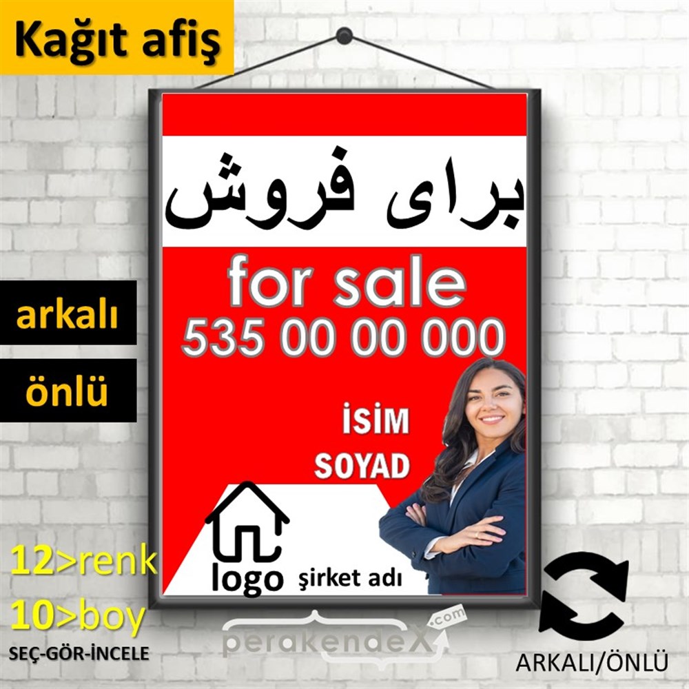 İranca Farsça Satılık Yazısı 102 KAĞIT POSTER,  AFİŞ -dikdörtgen,çift yön baskıkağıt poster,  afiş