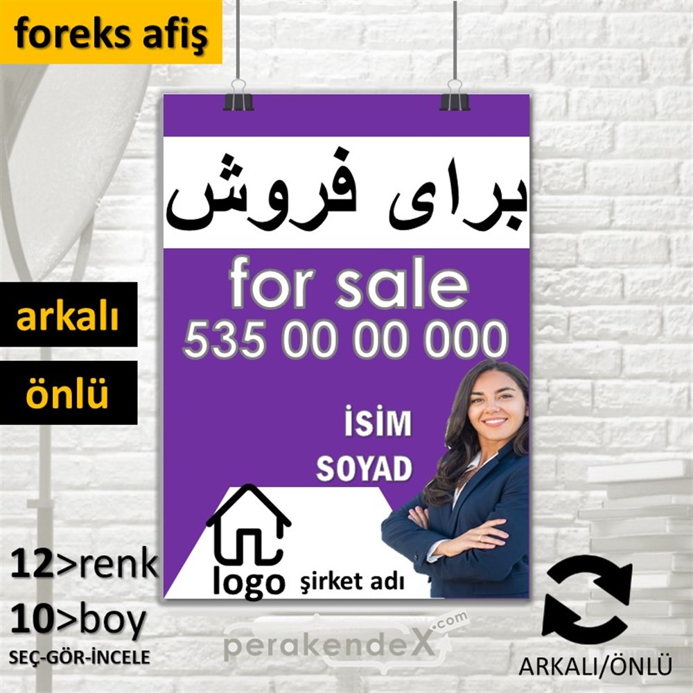İranca Farsça Satılık Yazısı 102 SERT PLASTİK POSTER,  AFİŞ -dikdörtgen,çift yön baskısert plastik poster,  afiş