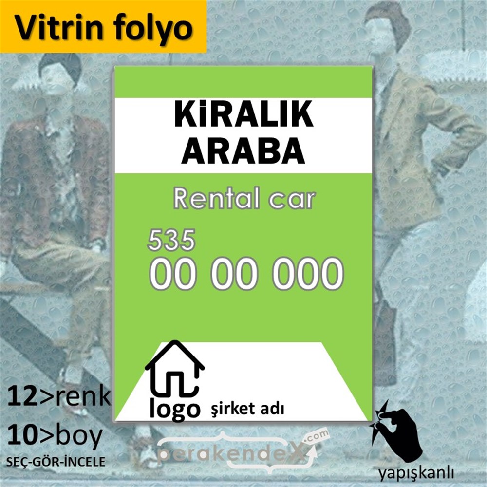 Kiralık Araba Yazısı 004 VİTRİN - CAM FOLYO,  VİNİL -dikdörtgen,tek yön baskıvitrin - cam folyo,  vinil