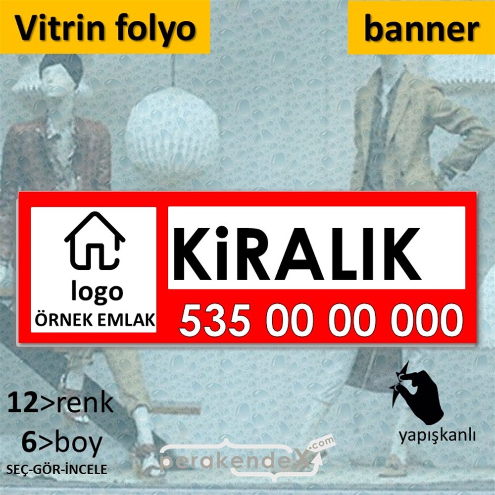 Kiralık Yazısı 001 VİTRİN, CAM FOLYO,  VİNİL (BANNER) -dikdörtgen,tek yön baskıvitrin - cam folyo,  vinil