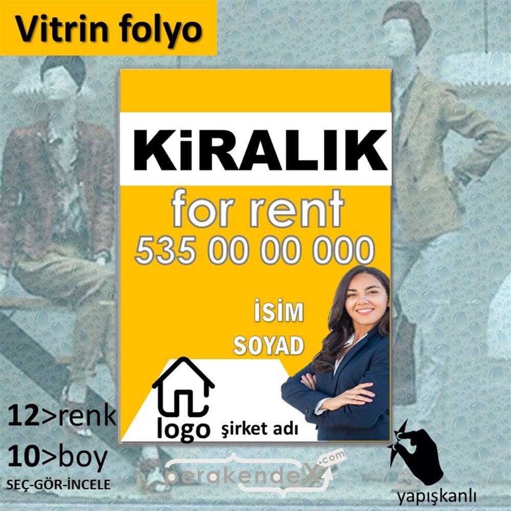 Kiralık Yazısı 002 VİTRİN - CAM FOLYO,  VİNİL -dikdörtgen,tek yön baskıvitrin - cam folyo,  vinil