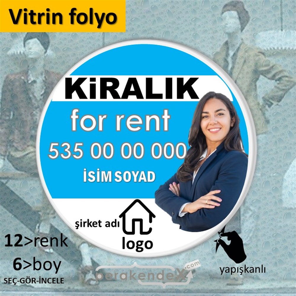 Kiralık Yazısı 002 VİTRİN - CAM FOLYO,  VİNİL -oval,tek yön baskıvitrin - cam folyo,  vinil