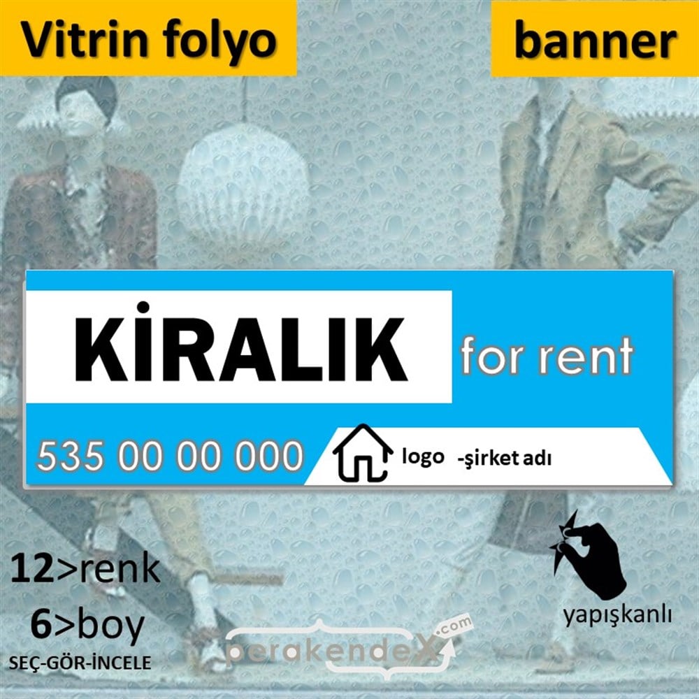 Kiralık Yazısı 003 VİTRİN, CAM FOLYO,  VİNİL (BANNER) -dikdörtgen,tek yön baskıvitrin - cam folyo,  vinil