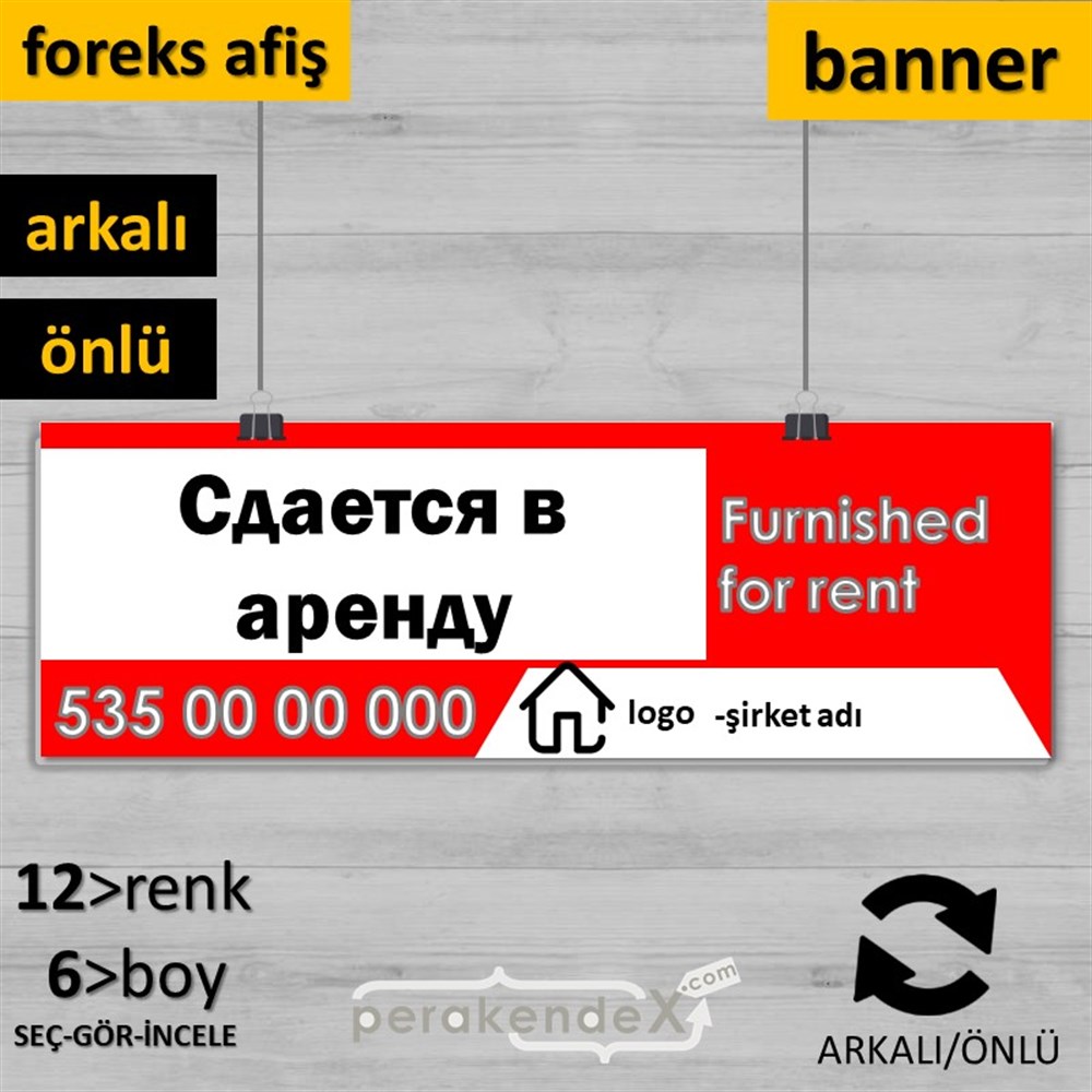 Rusça Eşyalı Kiralık Yazısı 004 SERT PLASTİK POSTER,  AFİŞ (BANNER) -dikdörtgen,çift yön baskısert plastik poster,  afiş