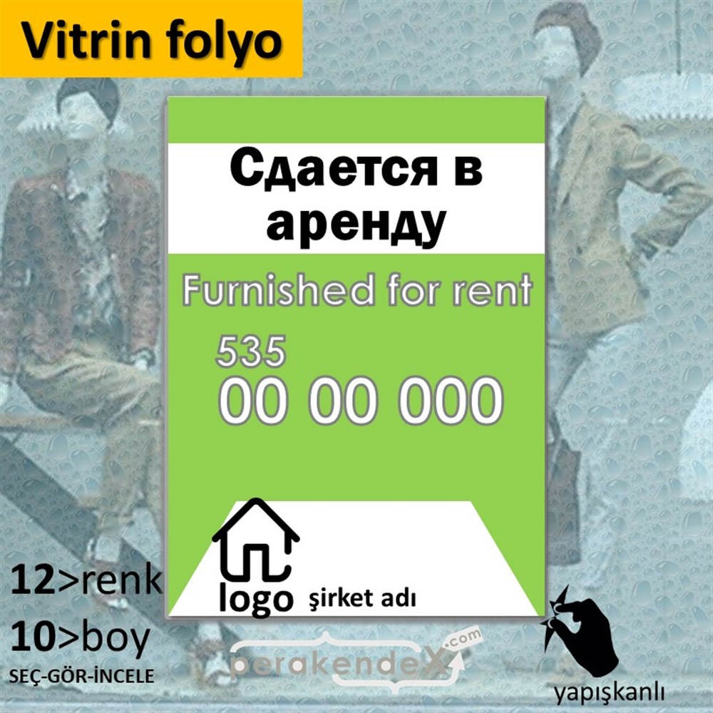 Rusça Eşyalı Kiralık Yazısı 004 VİTRİN - CAM FOLYO,  VİNİL -dikdörtgen,tek yön baskıvitrin - cam folyo,  vinil