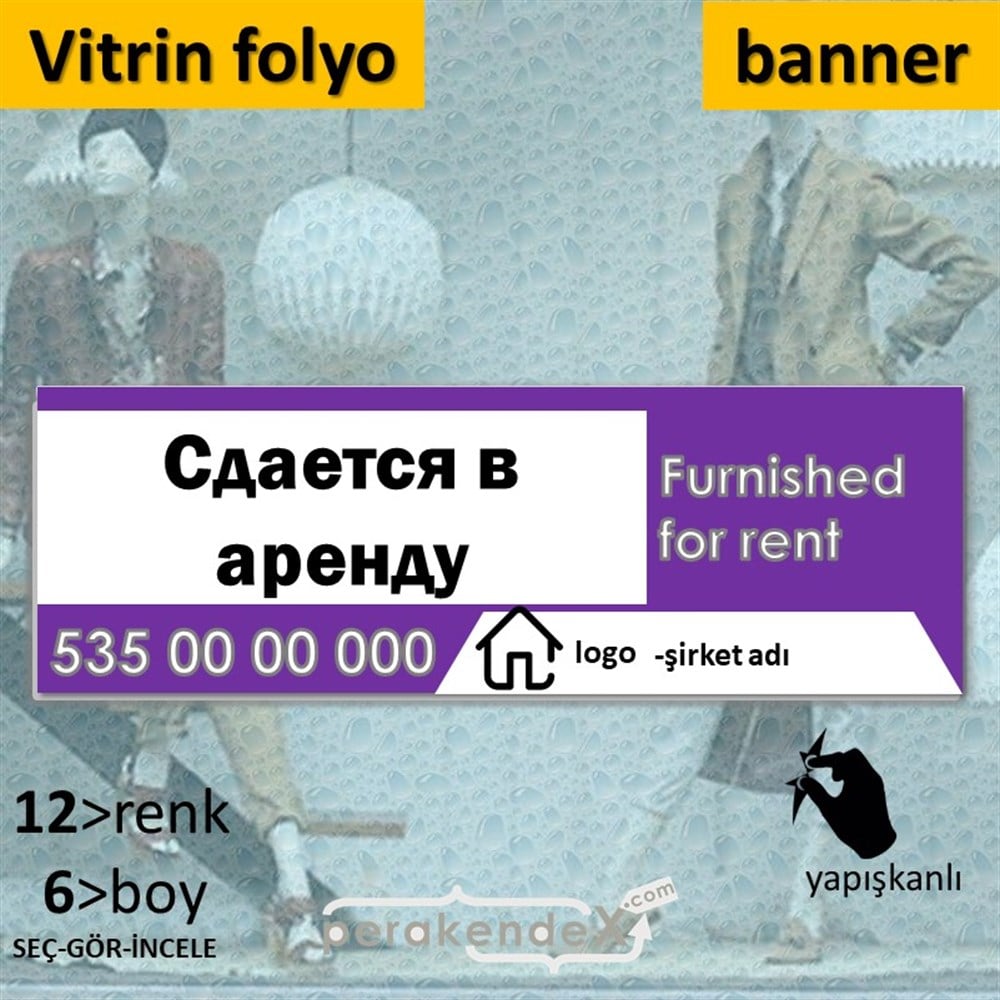 Rusça Eşyalı Kiralık Yazısı 004 VİTRİN, CAM FOLYO,  VİNİL (BANNER) -dikdörtgen,tek yön baskıvitrin - cam folyo,  vinil