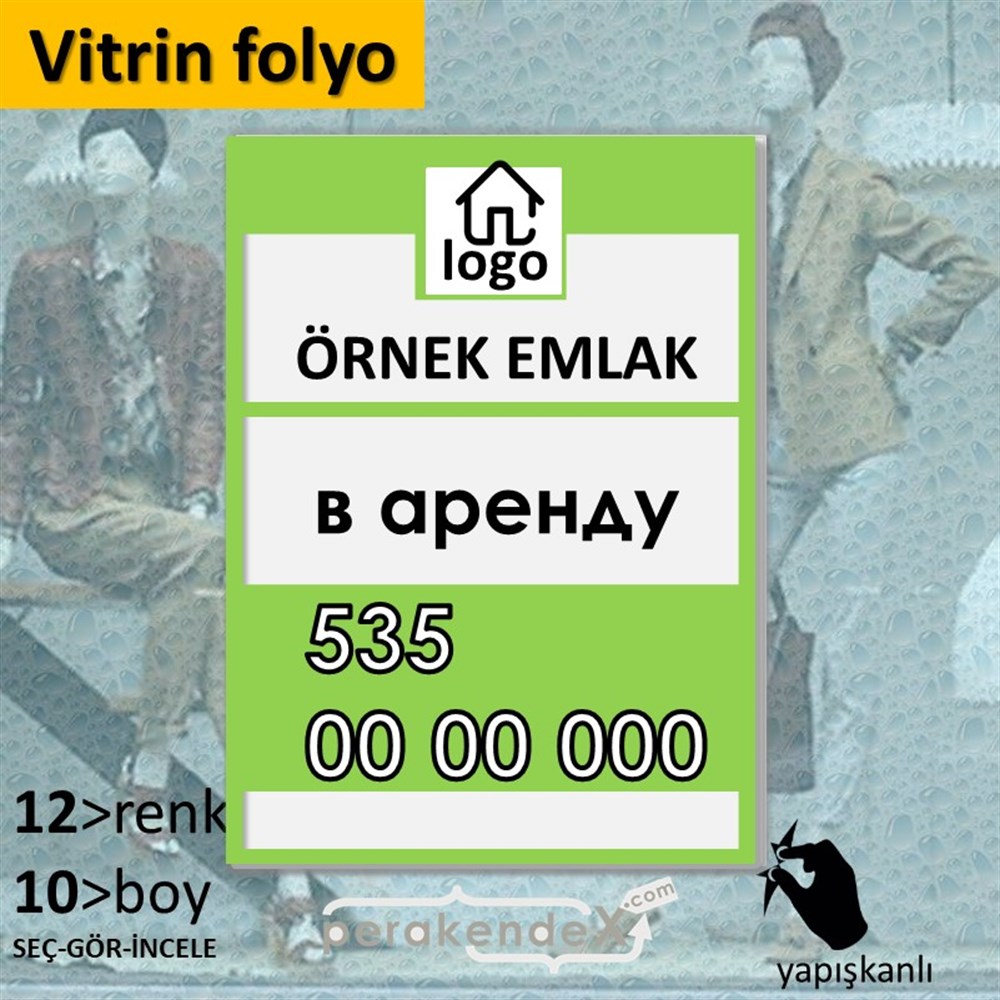 Rusça Kiralık Yazısı 001 VİTRİN - CAM FOLYO,  VİNİL -dikdörtgen,tek yön baskıvitrin - cam folyo,  vinil