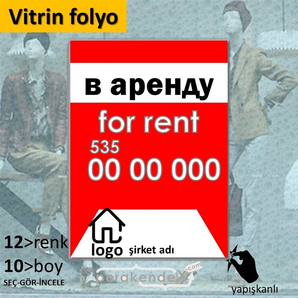 Rusça Kiralık Yazısı 003 VİTRİN - CAM FOLYO,  VİNİL -dikdörtgen,tek yön baskıvitrin - cam folyo,  vinil