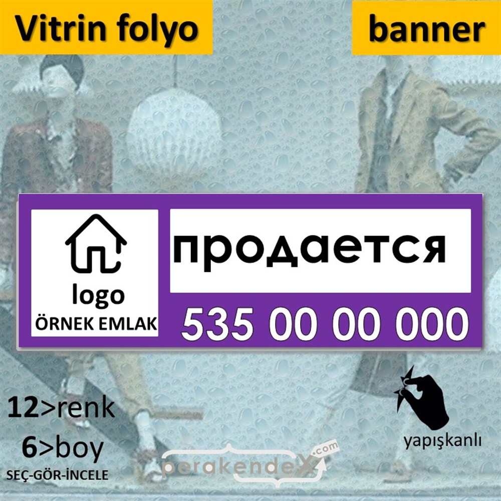 Rusça Satılık Yazısı 001 VİTRİN, CAM FOLYO,  VİNİL (BANNER) -dikdörtgen,tek yön baskıvitrin - cam folyo,  vinil