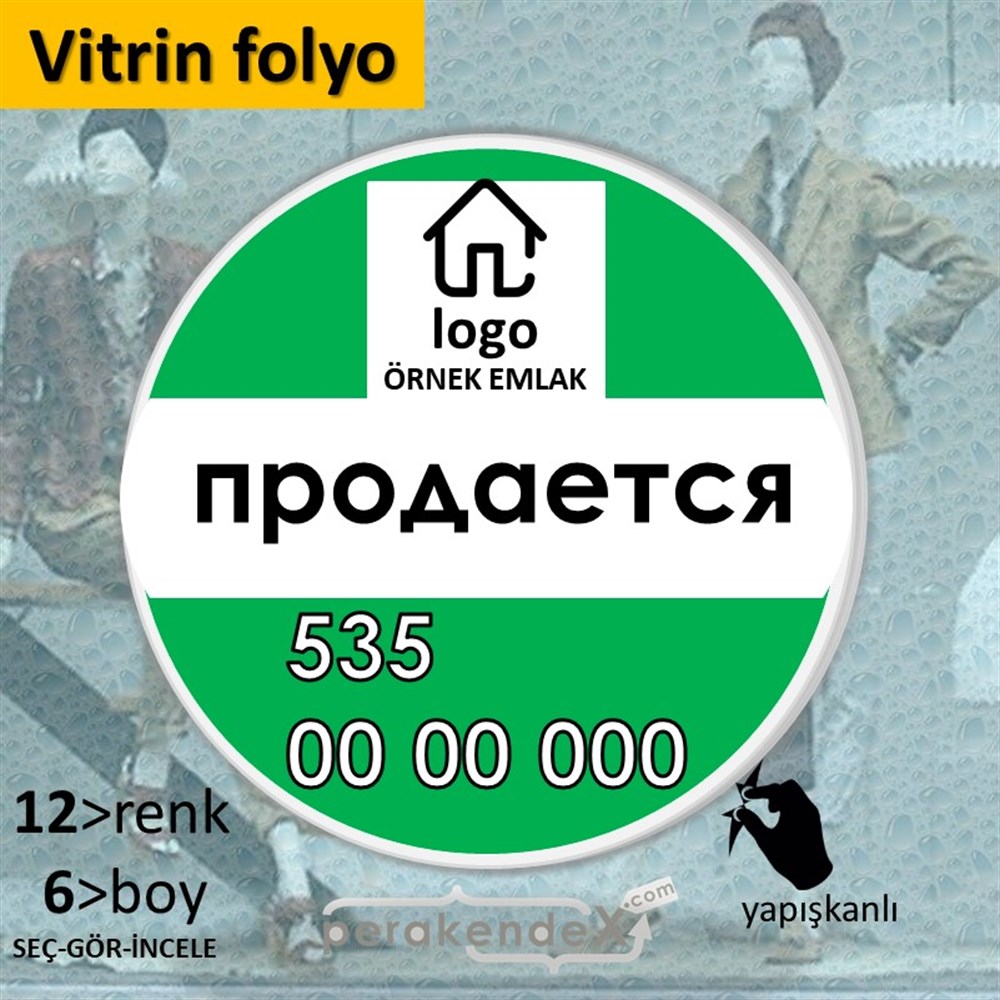 Rusça Satılık Yazısı 001 VİTRİN - CAM FOLYO,  VİNİL -oval,tek yön baskıvitrin - cam folyo,  vinil