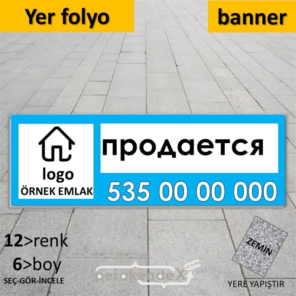 Rusça Satılık Yazısı 001 YER - ZEMİN FOLYO,  VİNİL (BANNER) -dikdörtgen,tek yön baskıyer - zemin folyo,  vinil