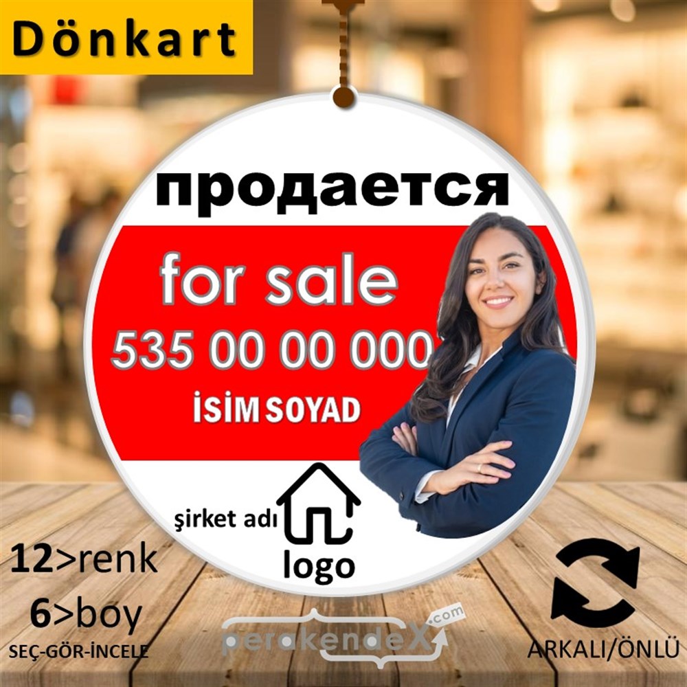 Rusça Satılık Yazısı 002 DÖNKART -oval,çift yön baskıdön-kart