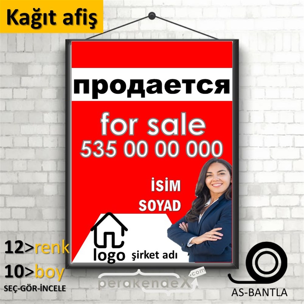 Rusça Satılık Yazısı 002 KAĞIT POSTER,  AFİŞ -dikdörtgen,tek yön baskıkağıt poster,  afiş