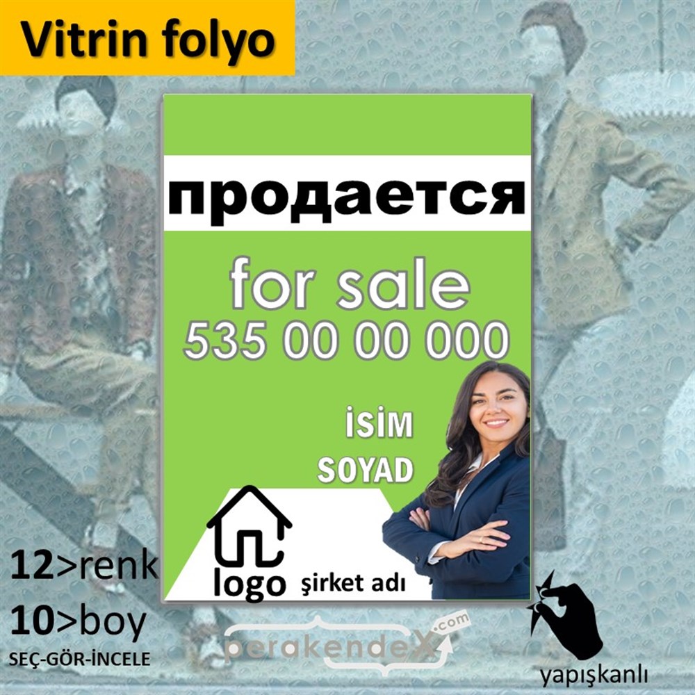 Rusça Satılık Yazısı 002 VİTRİN - CAM FOLYO,  VİNİL -dikdörtgen,tek yön baskıvitrin - cam folyo,  vinil