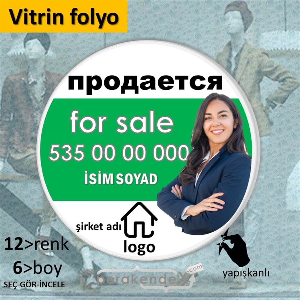 Rusça Satılık Yazısı 002 VİTRİN - CAM FOLYO,  VİNİL -oval,tek yön baskıvitrin - cam folyo,  vinil