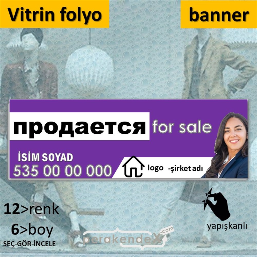 Rusça Satılık Yazısı 002 VİTRİN, CAM FOLYO,  VİNİL (BANNER) -dikdörtgen,tek yön baskıvitrin - cam folyo,  vinil