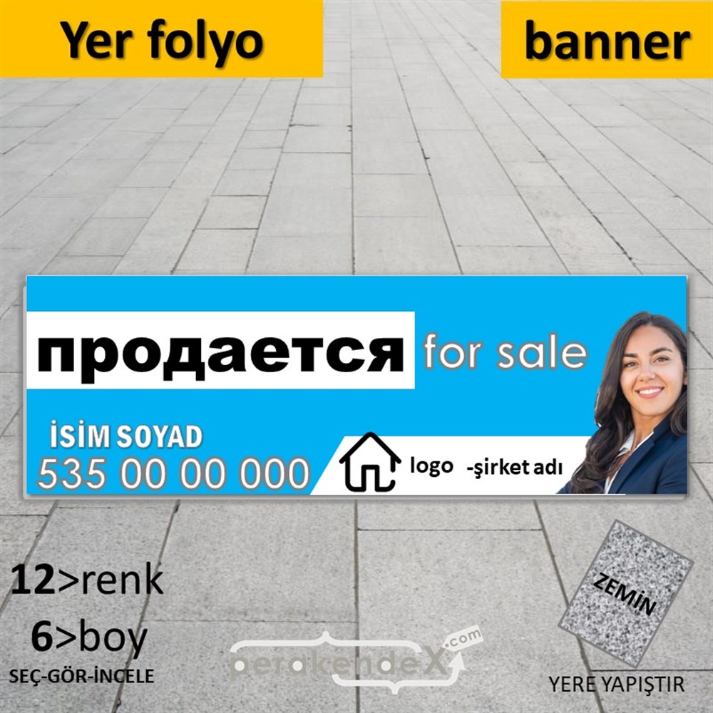 Rusça Satılık Yazısı 002 YER - ZEMİN FOLYO,  VİNİL (BANNER) -dikdörtgen,tek yön baskıyer - zemin folyo,  vinil