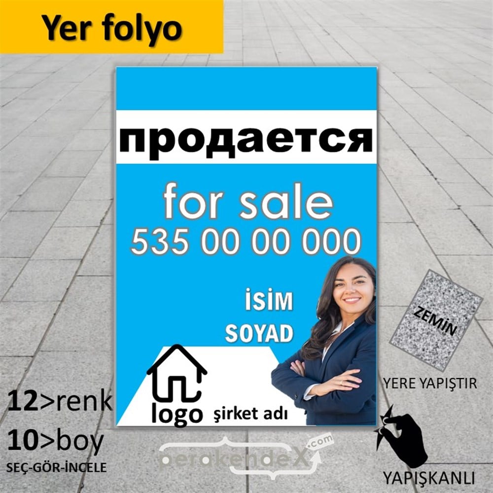 Rusça Satılık Yazısı 002 YER - ZEMİN FOLYO,  VİNİL -dikdörtgen,tek yön baskıyer - zemin folyo,  vinil
