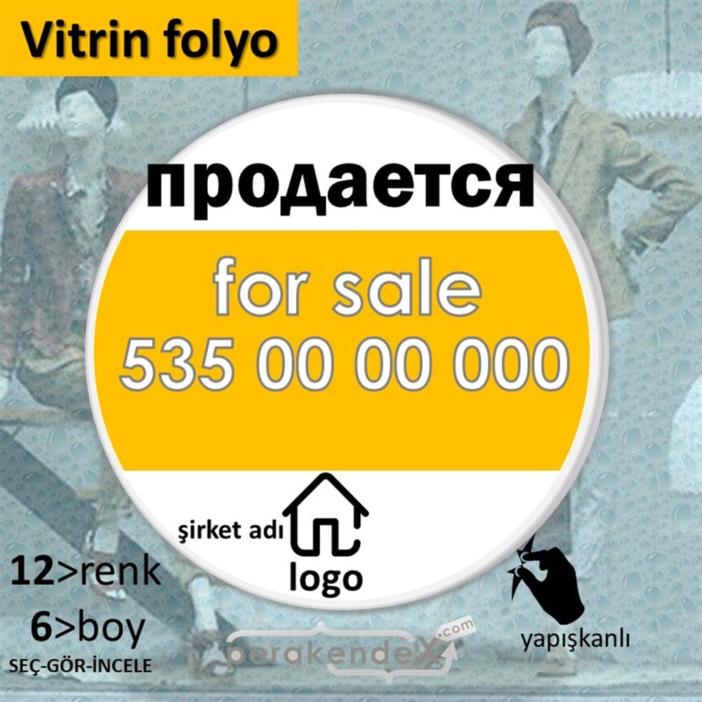 Rusça Satılık Yazısı 003 VİTRİN - CAM FOLYO,  VİNİL -oval,tek yön baskıvitrin - cam folyo,  vinil