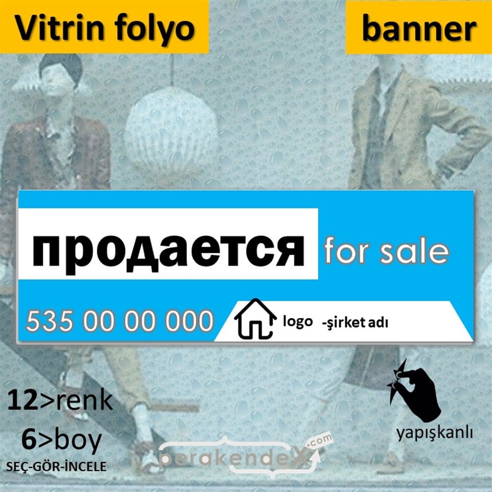 Rusça Satılık Yazısı 003 VİTRİN, CAM FOLYO,  VİNİL (BANNER) -dikdörtgen,tek yön baskıvitrin - cam folyo,  vinil