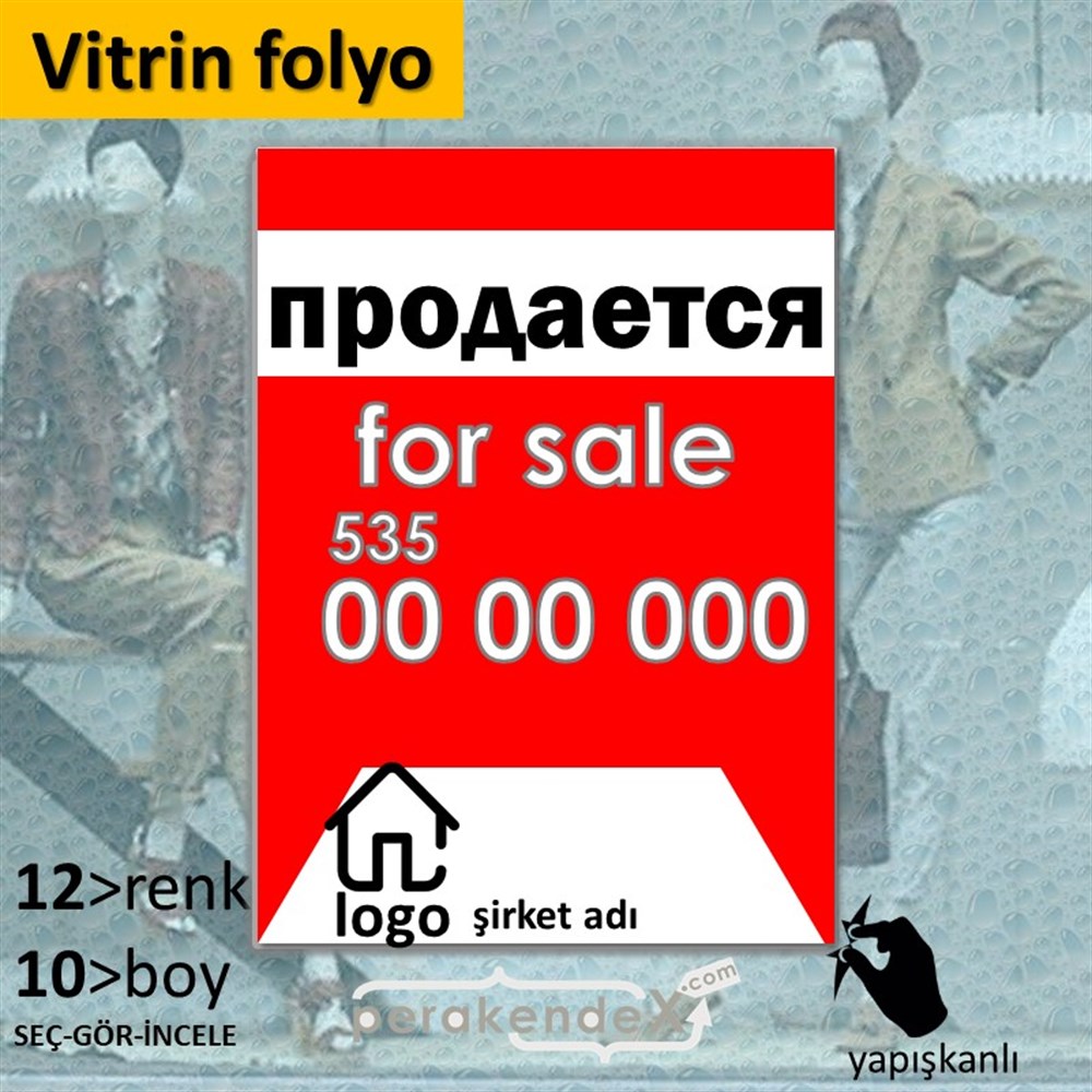Rusça Satılık Yazısı 003 VİTRİN - CAM FOLYO,  VİNİL -dikdörtgen,tek yön baskıvitrin - cam folyo,  vinil