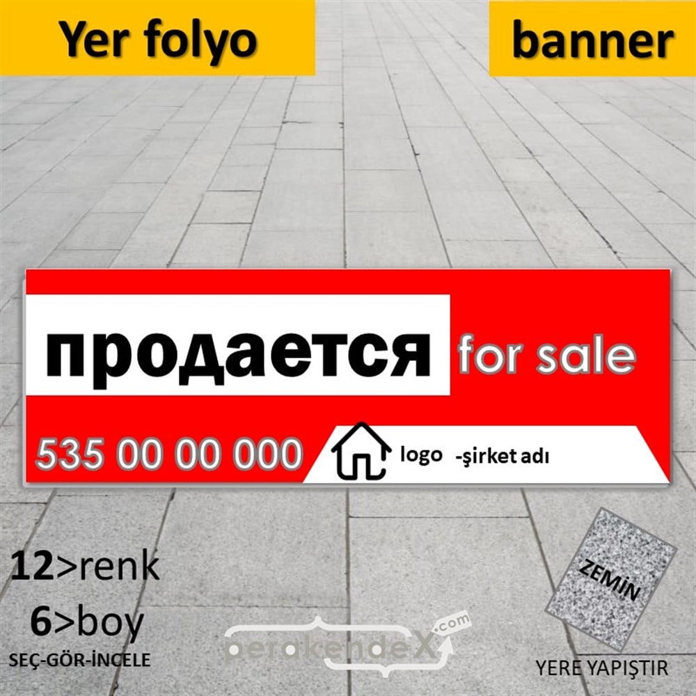 Rusça Satılık Yazısı 003 YER - ZEMİN FOLYO,  VİNİL (BANNER) -dikdörtgen,tek yön baskıyer - zemin folyo,  vinil