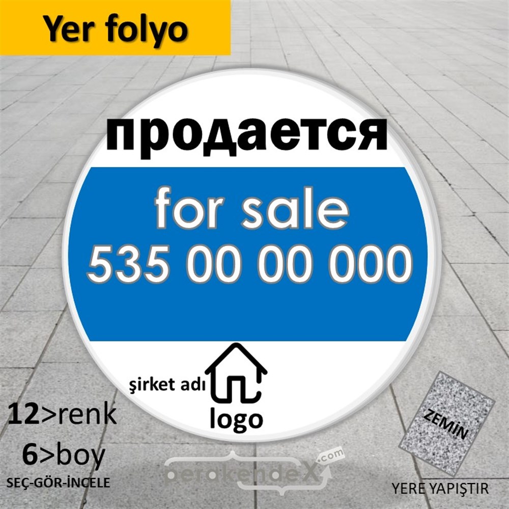 Rusça Satılık Yazısı 003 YER - ZEMİN FOLYO,  VİNİL -oval,tek yön baskıyer - zemin folyo,  vinil