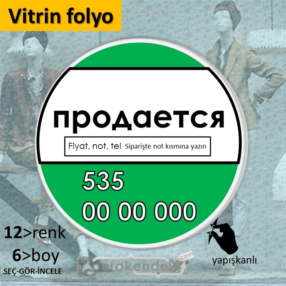 Rusça Satılık Yazısı 005 VİTRİN - CAM FOLYO,  VİNİL -oval,tek yön baskıvitrin - cam folyo,  vinil
