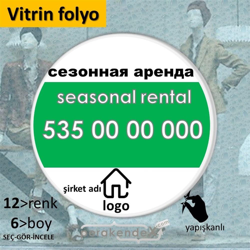 Rusça Sezonluk Kiralık Yazısı 004 VİTRİN - CAM FOLYO,  VİNİL -oval,tek yön baskıvitrin - cam folyo,  vinil