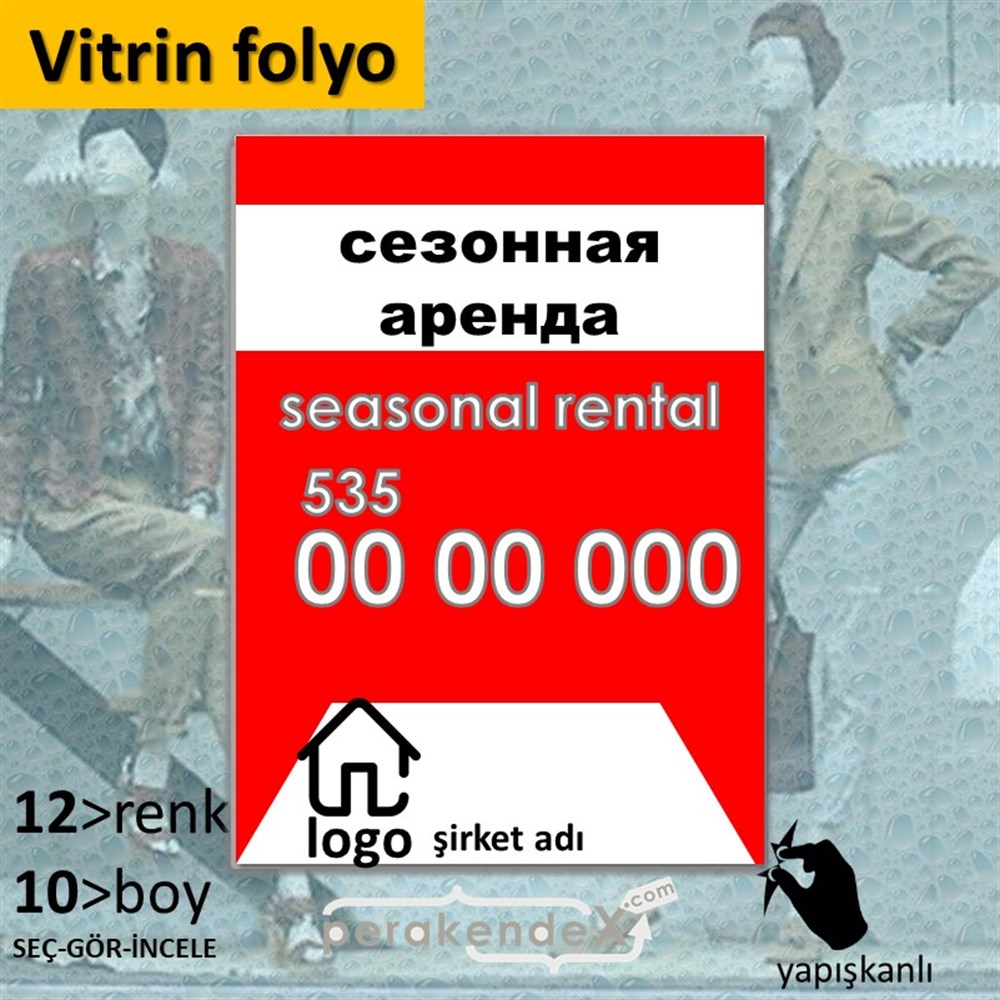 Rusça Sezonluk Kiralık Yazısı 004 VİTRİN - CAM FOLYO,  VİNİL -dikdörtgen,tek yön baskıvitrin - cam folyo,  vinil