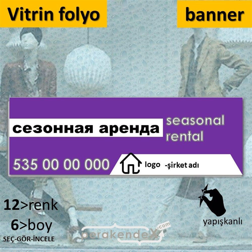 Rusça Sezonluk Kiralık Yazısı 004 VİTRİN, CAM FOLYO,  VİNİL (BANNER) -dikdörtgen,tek yön baskıvitrin - cam folyo,  vinil