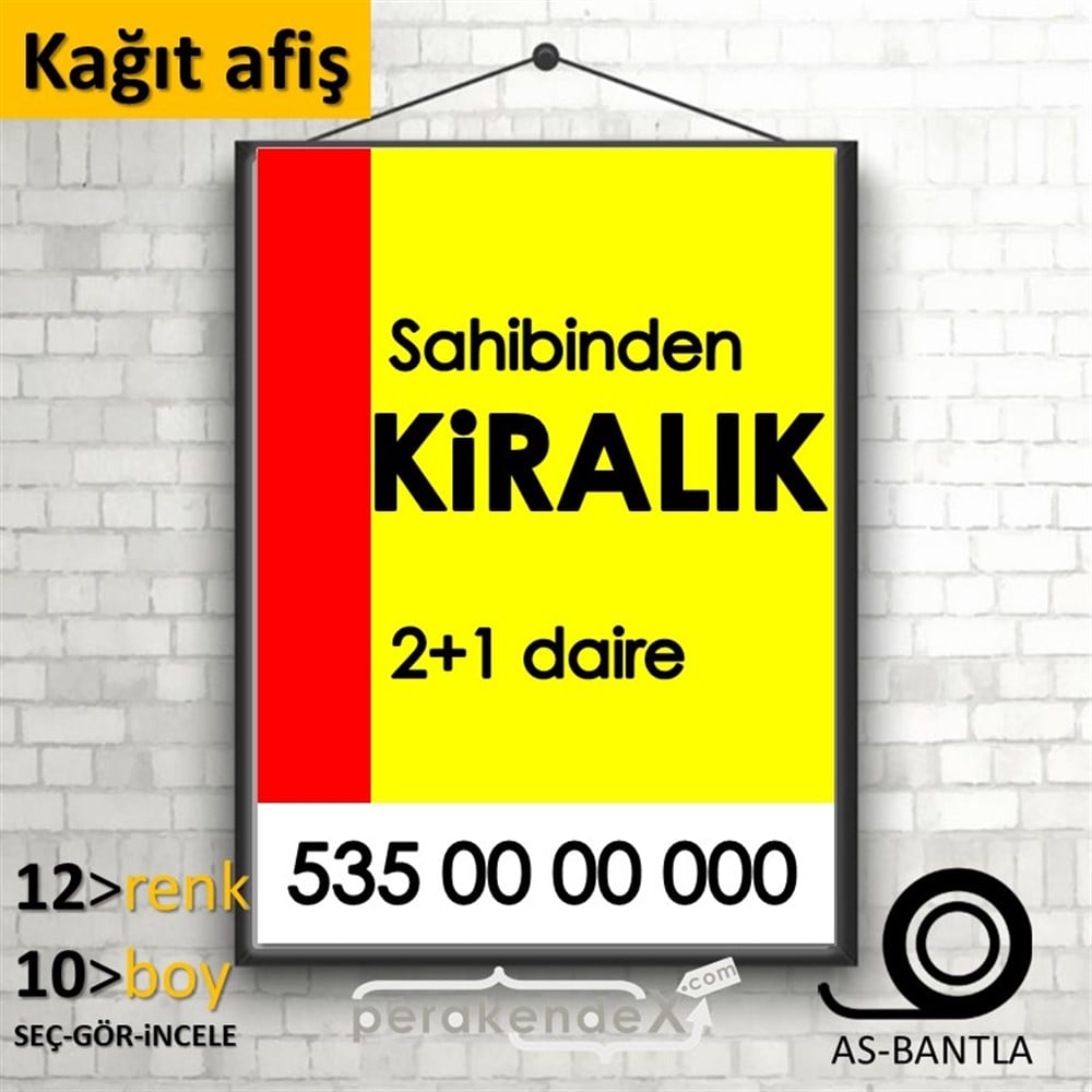 Sahibinden Kiralık Yazısı 006 KAĞIT POSTER,  AFİŞ -dikdörtgen,tek yön baskıkağıt poster,  afiş