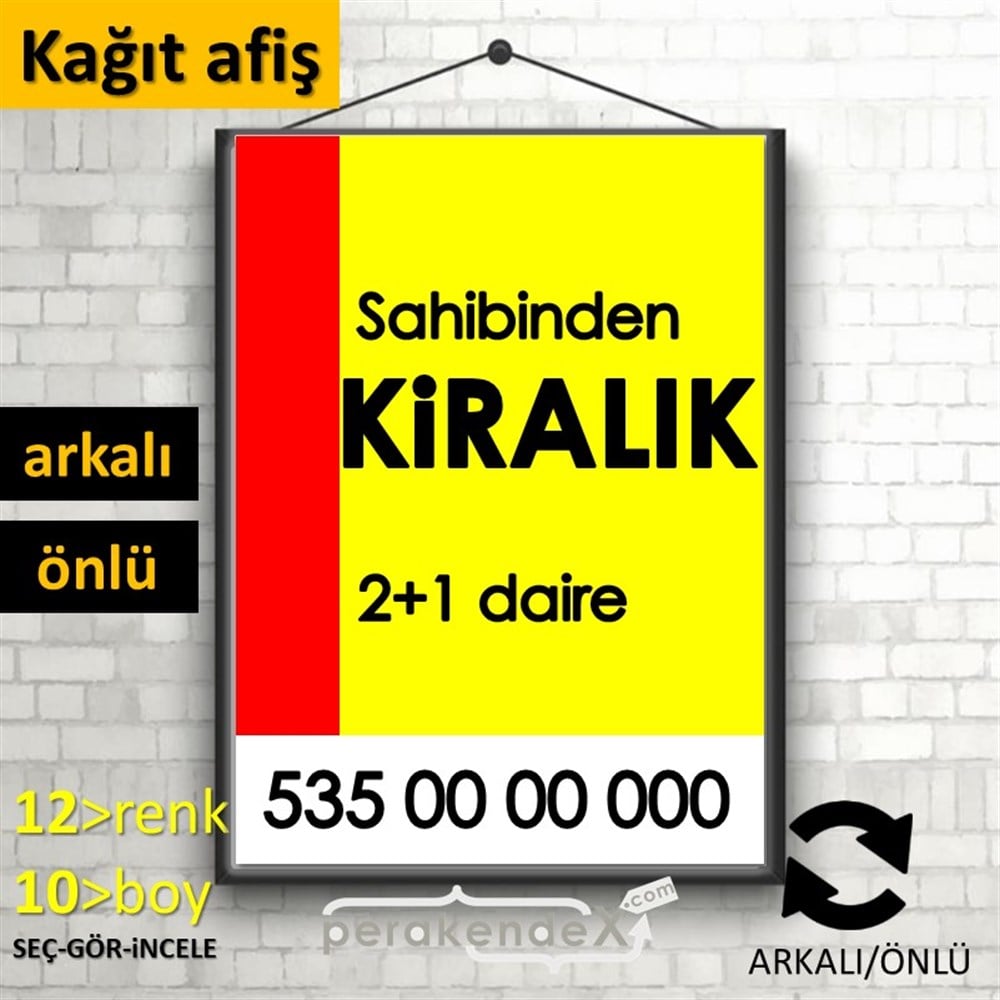Sahibinden Kiralık Yazısı 006 KAĞIT POSTER,  AFİŞ -dikdörtgen,çift yön baskıkağıt poster,  afiş