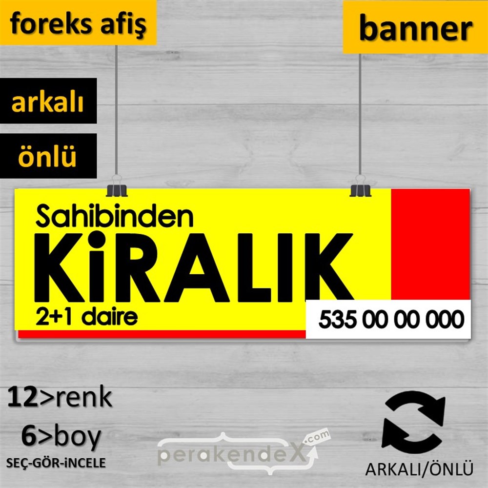 Sahibinden Kiralık Yazısı 006 SERT PLASTİK POSTER,  AFİŞ (BANNER) -dikdörtgen,çift yön baskısert plastik poster,  afiş