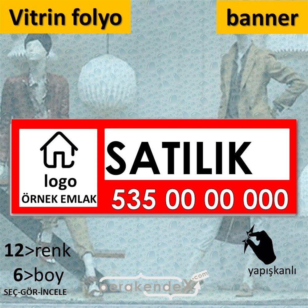 Satılık Yazısı 001 VİTRİN, CAM FOLYO,  VİNİL (BANNER) -dikdörtgen,tek yön baskıvitrin - cam folyo,  vinil