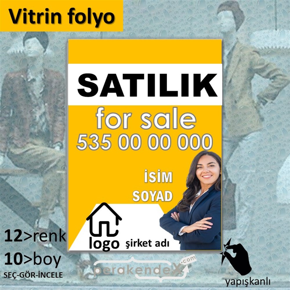 Satılık Yazısı 002 VİTRİN - CAM FOLYO,  VİNİL -dikdörtgen,tek yön baskıvitrin - cam folyo,  vinil