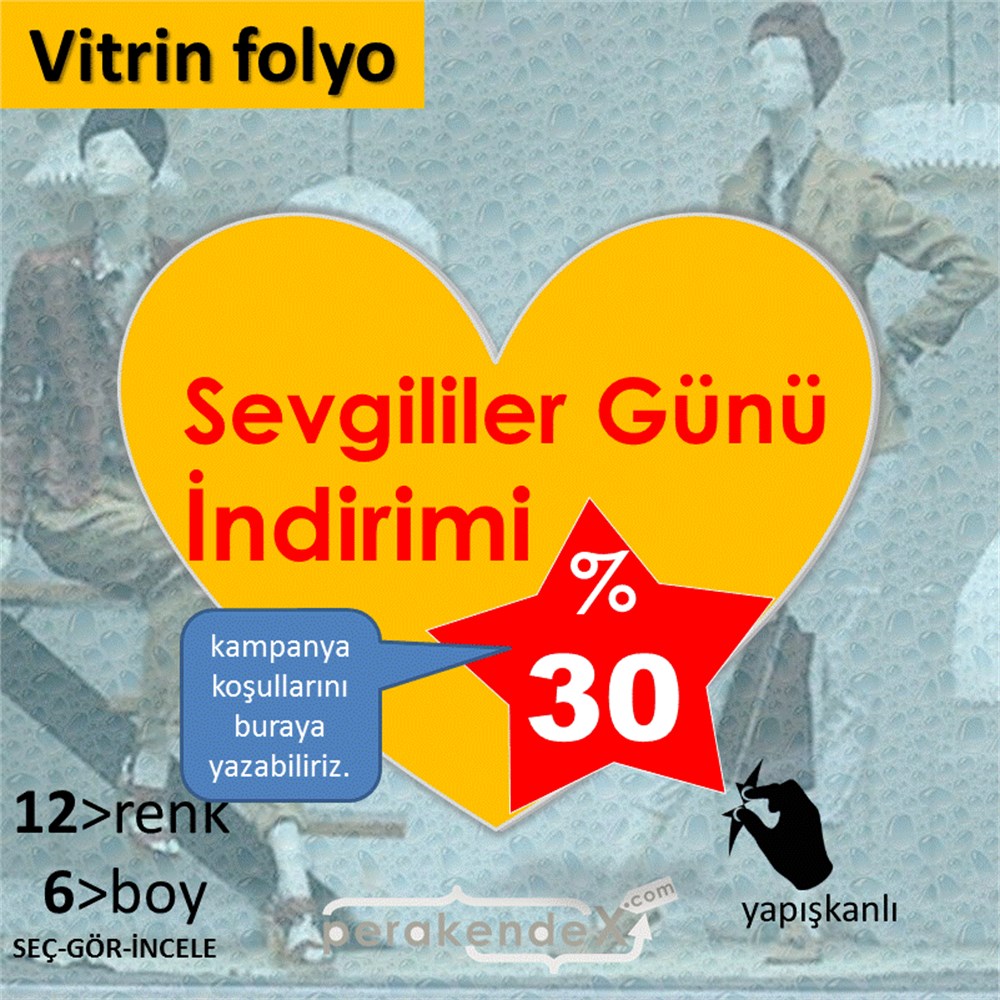 Sevgililer Günü İndirimi VİTRİN - CAM FOLYO,  VİNİL -Kalp,tek yön baskı