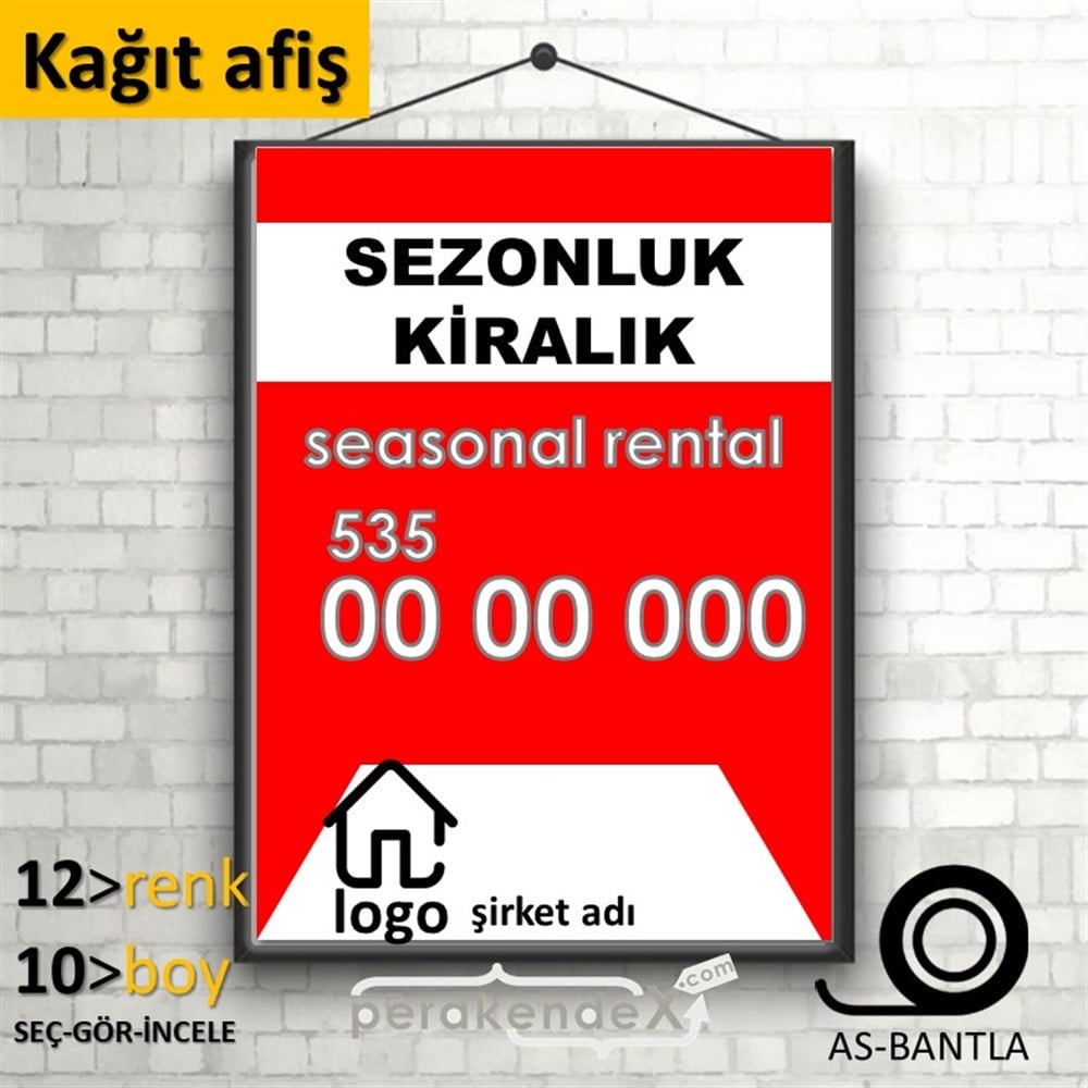 Sezonluk Kiralık Yazısı 004 KAĞIT POSTER,  AFİŞ -dikdörtgen,tek yön baskıkağıt poster,  afiş