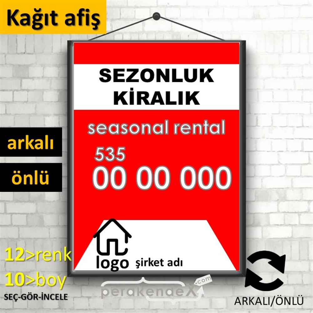 Sezonluk Kiralık Yazısı 004 KAĞIT POSTER,  AFİŞ -dikdörtgen,çift yön baskıkağıt poster,  afiş
