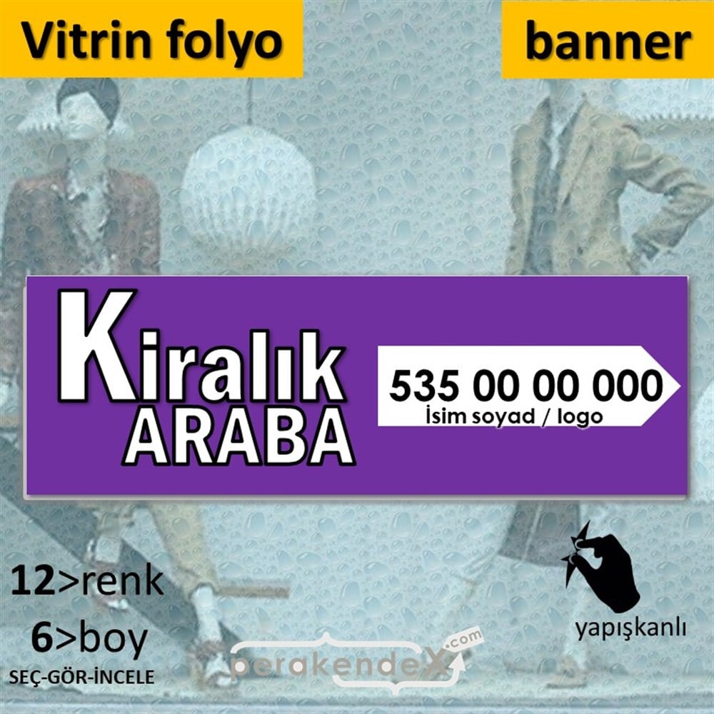 Tr İngilizce Kiralık Araba Yazısı 008 VİTRİN, CAM FOLYO,  VİNİL (BANNER) -dikdörtgen,tek yön baskıvitrin - cam folyo,  vinil