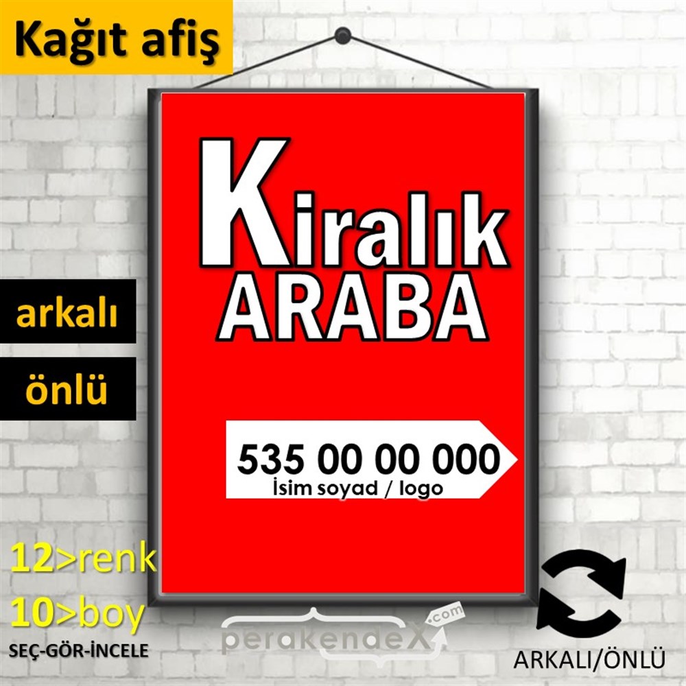 Tr İngilizce Kiralık Araba Yazısı 008 KAĞIT POSTER,  AFİŞ -dikdörtgen,çift yön baskıkağıt poster,  afiş